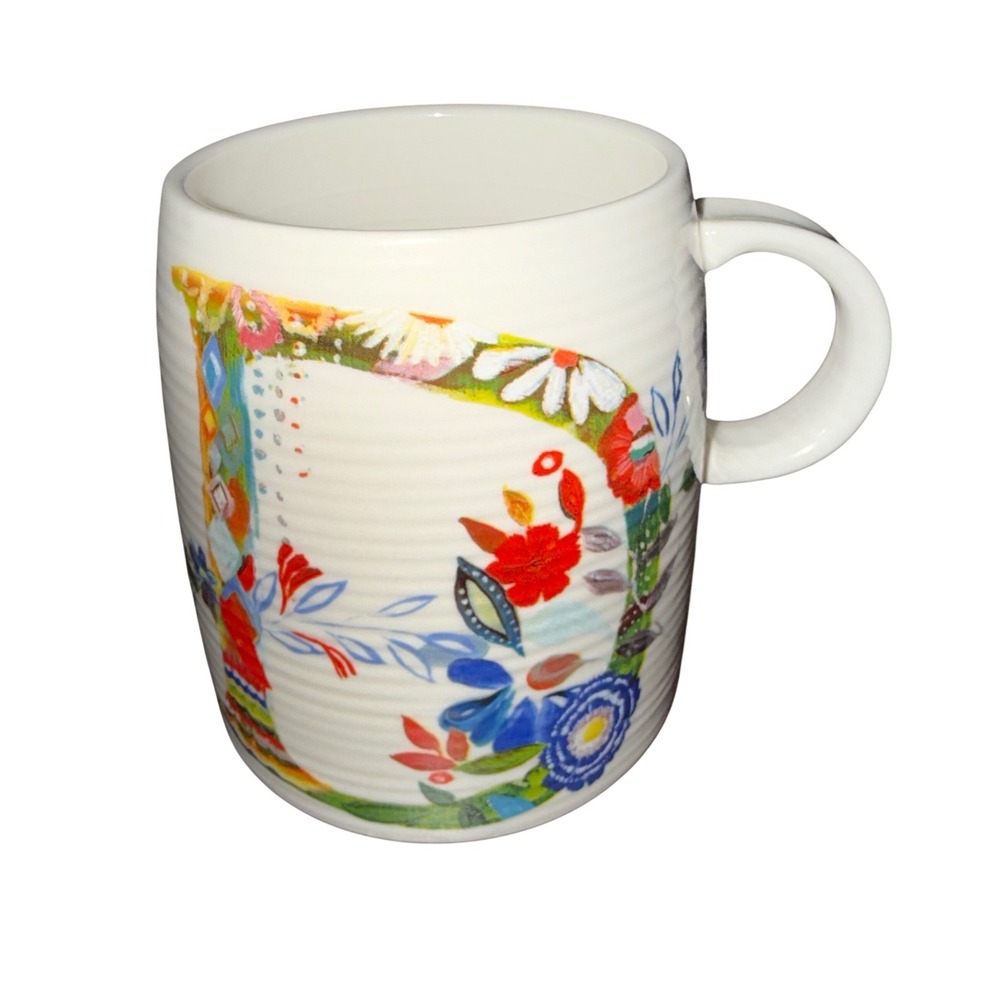 Anthropologie Starla Halfmann Monogram Letter D Floral Ribbed Ceramic Coffee Mug